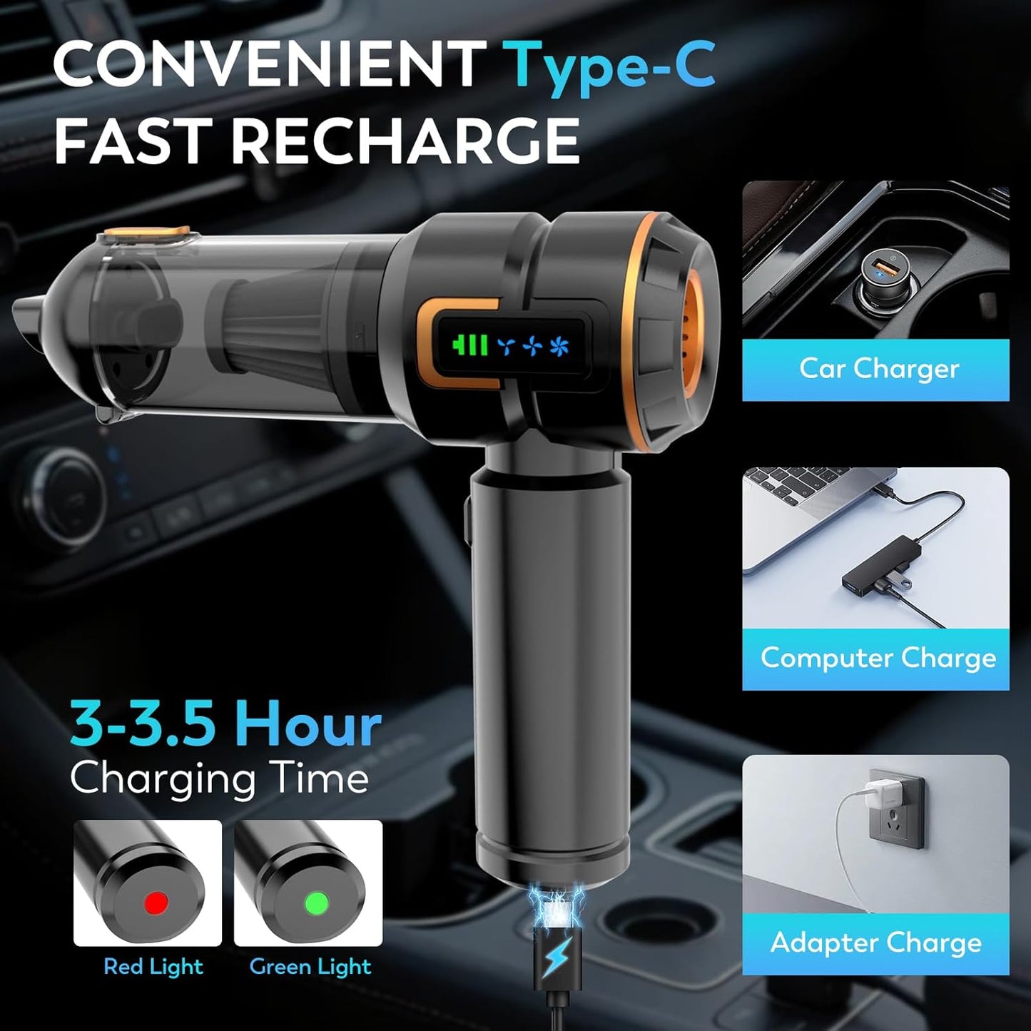 Car Vacuum Cleaner, 22000PA High Power Portable Handheld Car Vacuum & Air Duster, Mini Cordless Vacuum with LED Display, for Home, Office, Camping (Black Golden)