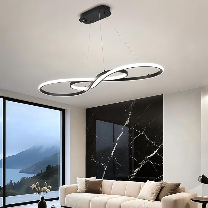 Modern Led Pendant Light, Dimmable Black LED Chandelier for Dining Room Light Fixture Over Table Modern Kitchen Island Lighting, Height Adjustable Ceiling Light