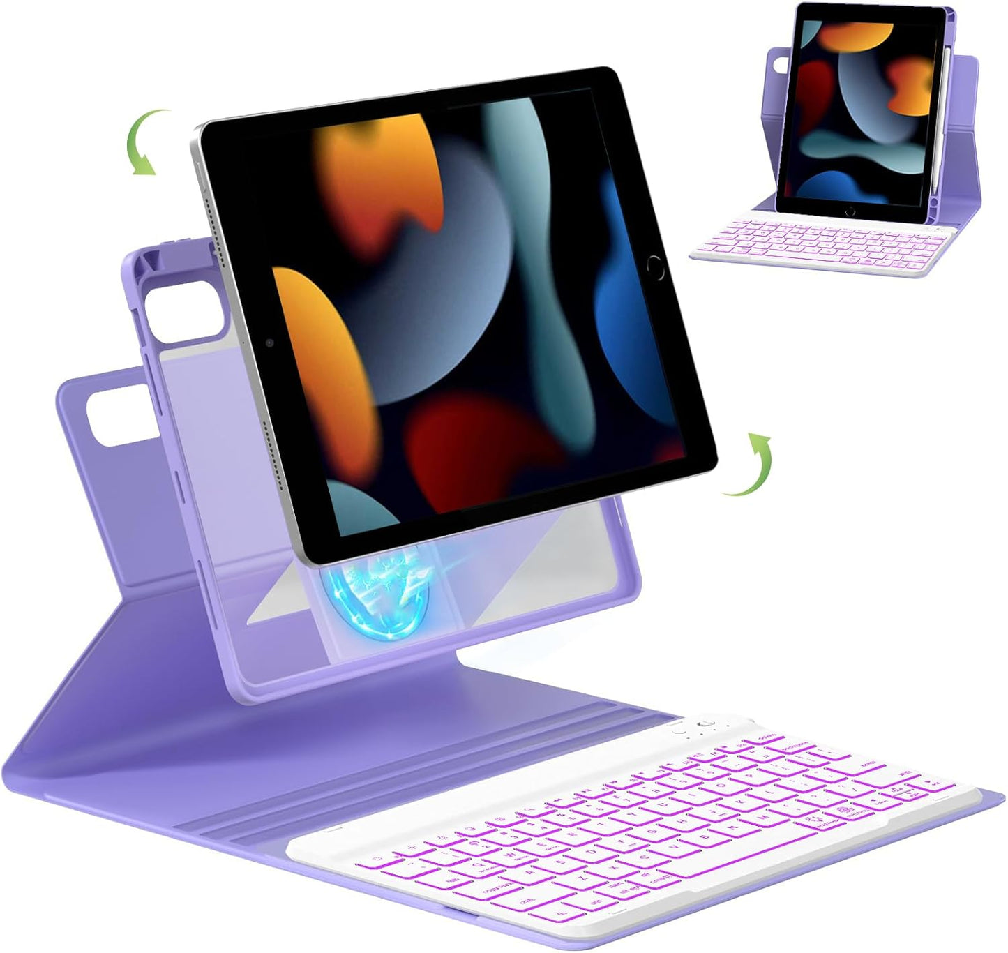 Case for iPad 9th/8th/7th Generation with Keyboard 10.2 Inch,360° Rotatable Magnetic Keyboard Case,Pencil Holder&Grooves Design,7 Color Backlit Detachable Wireless Keyboard(Purple)
