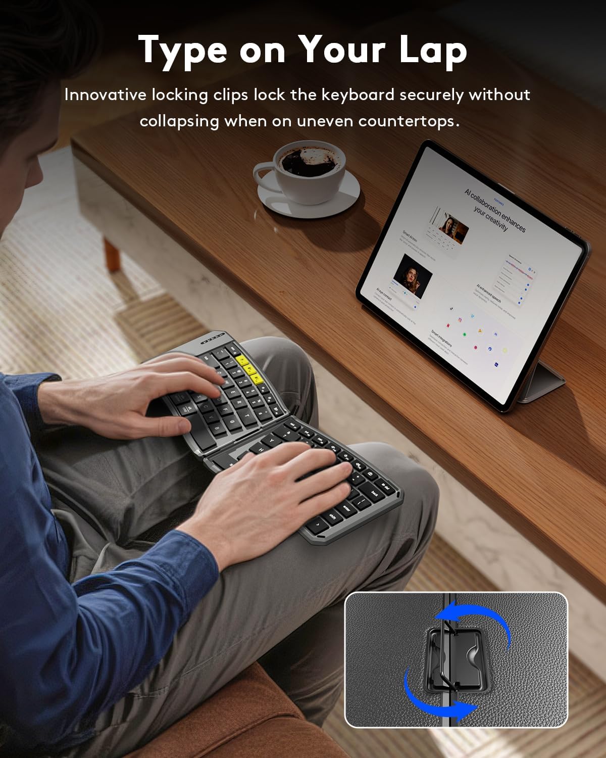 Samsers Ergonomic Foldable Keyboard, KE09U Folding Travel Bluetooth Keyboard with 6-Row Layout, Dual-Mode(2.4G+BTx2) Split Portable Design with USB Slot, for iPhone iPad Smartphone Tablet Laptop PC