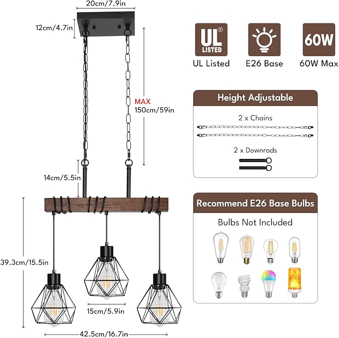 3-Light Kitchen Island Pendant Lighting Over Island - Adjustable Height Linear Chandelier for Dining Room with Diamond Shades, Farmhouse Black Metal & Rustic Wood Ceiling Light Fixture, E26 Base