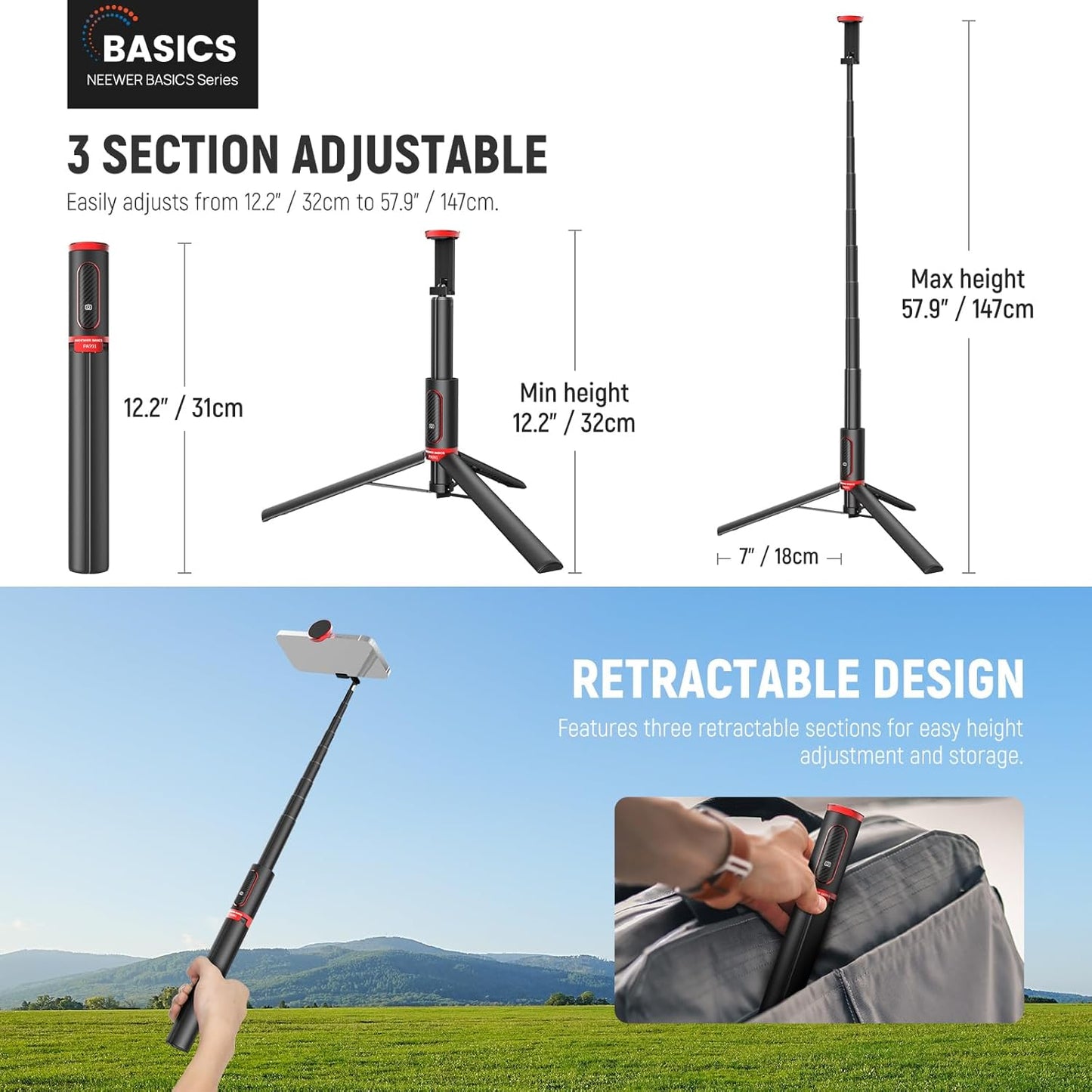 NEEWER Basics PA991 Selfie Stick Tripod Compatible with iPhone Samsung Android, 57.9 Inch Metal Portable Lightweight Travel Mobile Phone Stand with Holder & Remote Control for Video Recording