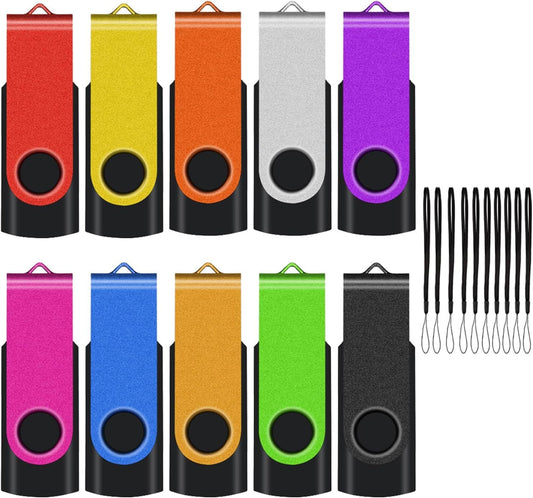 EASTBULL Flash Drive Bulk 2GB USB 10 Pack with Lanyards USB 2.0 Thumb Drive Bulk Memory Stick Swivel Pen Drive for Storage and Backup(2GB 10Pack, Mixed Color)