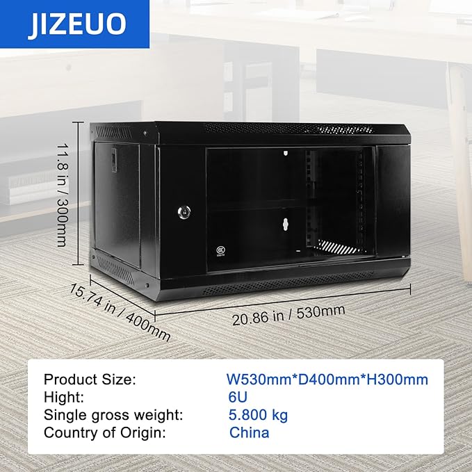 6U Wall Mount Server Cabinet IT Network Rack Enclosure Lockable Glass Door Black