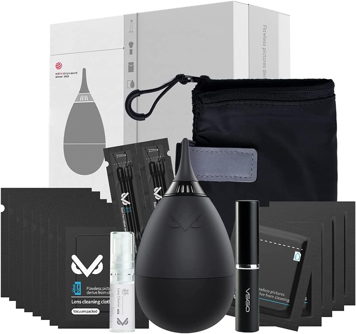 VSGO Professional Lens Cleaning Kit with Air Blower Folding Pouch Microfiber Lens Cloth Wet Wipes Lens Cleaner Metal Brush Cotton Swab Compatible for Optical Camera Lens Phone Laptop Cleaning(VS-A2E)