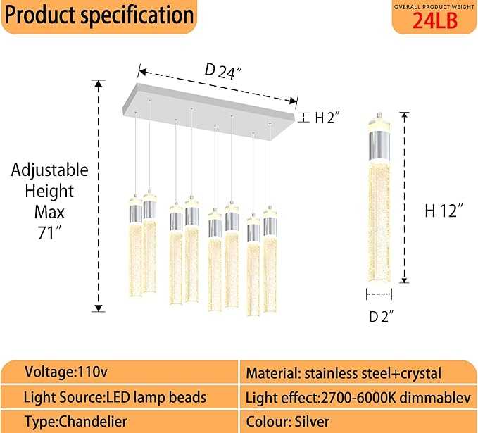 8-Lights Silver Hanging Pendant Light for Kitchen Island Modern Dimmable LED Crystal Chandeliers for Dining Room Bedroom Living Room Over Table Adjustable Height