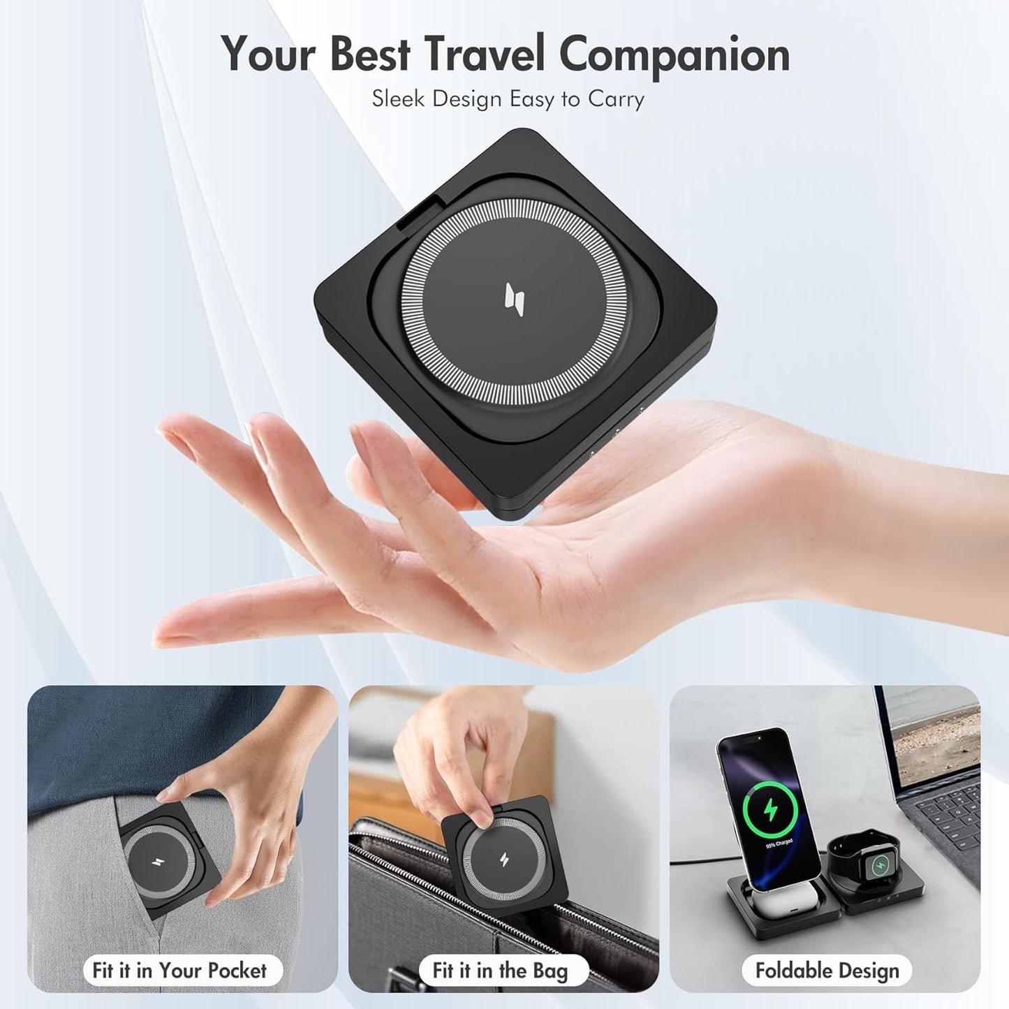 Magnetic Wireless Charger for iPhone: 3 in 1 for Travel 15W Fast Charging Pad Foldable for iPhone 16e 16 15 14 13 12 Pro Max - for Apple Watch Ultra and AirPods Series Magnet Multiple Devices (Black)
