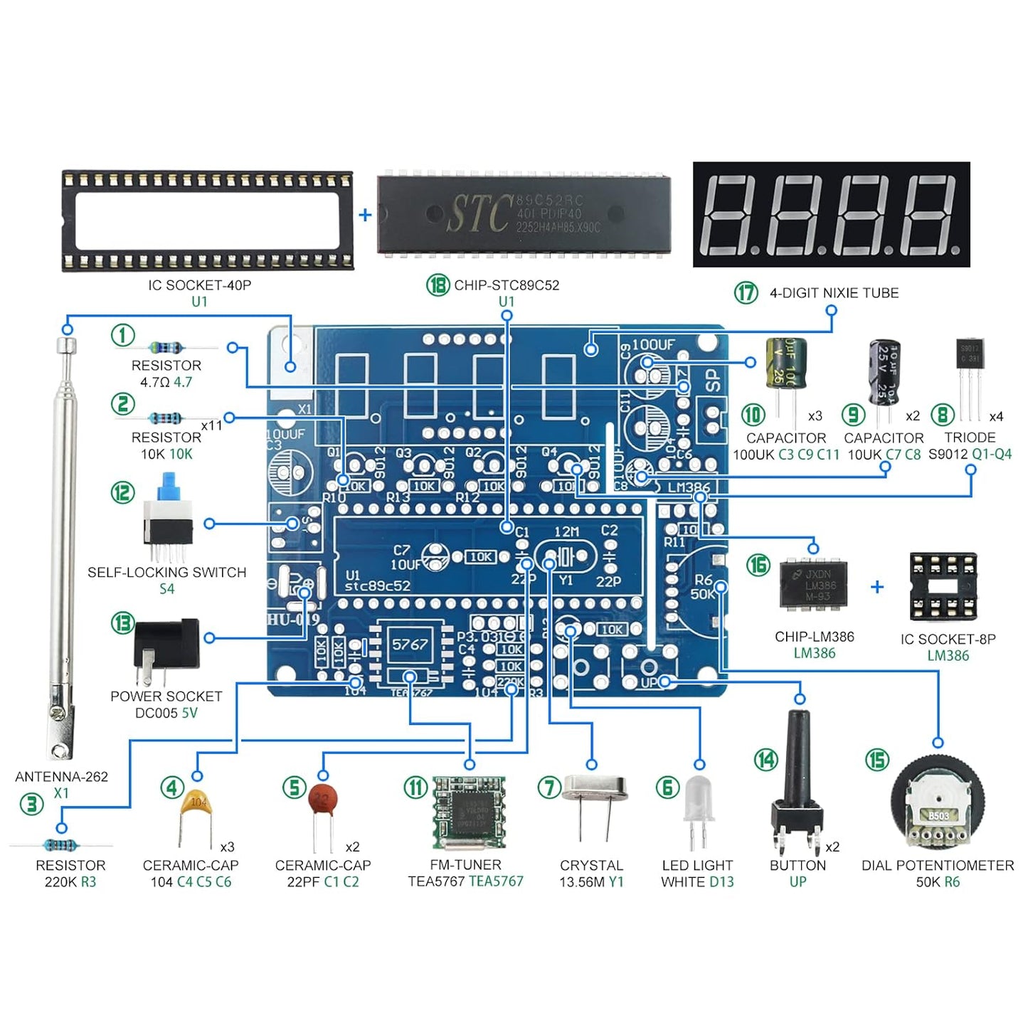 Soldering Practice Kit 5in1 DIY Power Amplifier Circular LED Vibration Alarm Anti-Theft Infrared Sensing Alarm Kit Plug-in Circuit Learn Soldering Kit for Beginners
