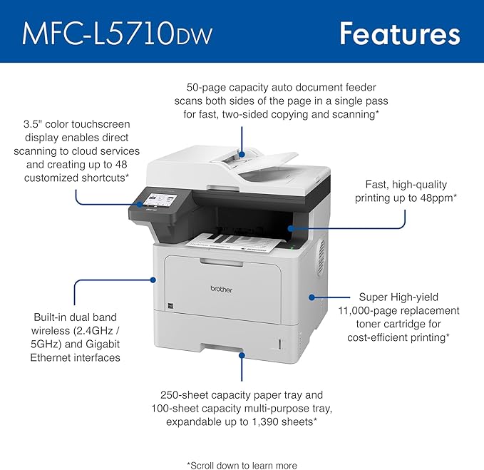 Brother MFC-L5710DW Business Monochrome Laser All-in-One Printer with Wireless Networking and Duplex Print, Scan, and Copy, Works with Alexa