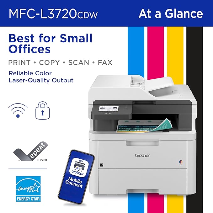 Brother MFC-L3720CDW Wireless Color Laser Printer with Scanner, Copier & Fax | Auto Duplex & 250-Sheet Capacity | Refresh Subscription Trial(1). Amazon Dash Replenishment Ready. (Renewed Premium)