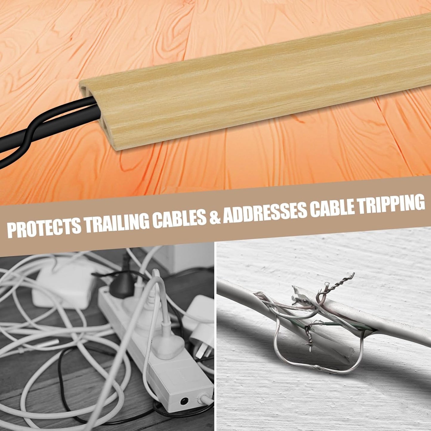 Floor Cord Cover Self Adhesive Cord Hider,10FT Cable Management, Extension Strip Protector for Wires, Prevent Cable Trips for Offices, Gyms, Exhibitions Cavity:0.47"(W) x0.35(H) WoodLightyellow