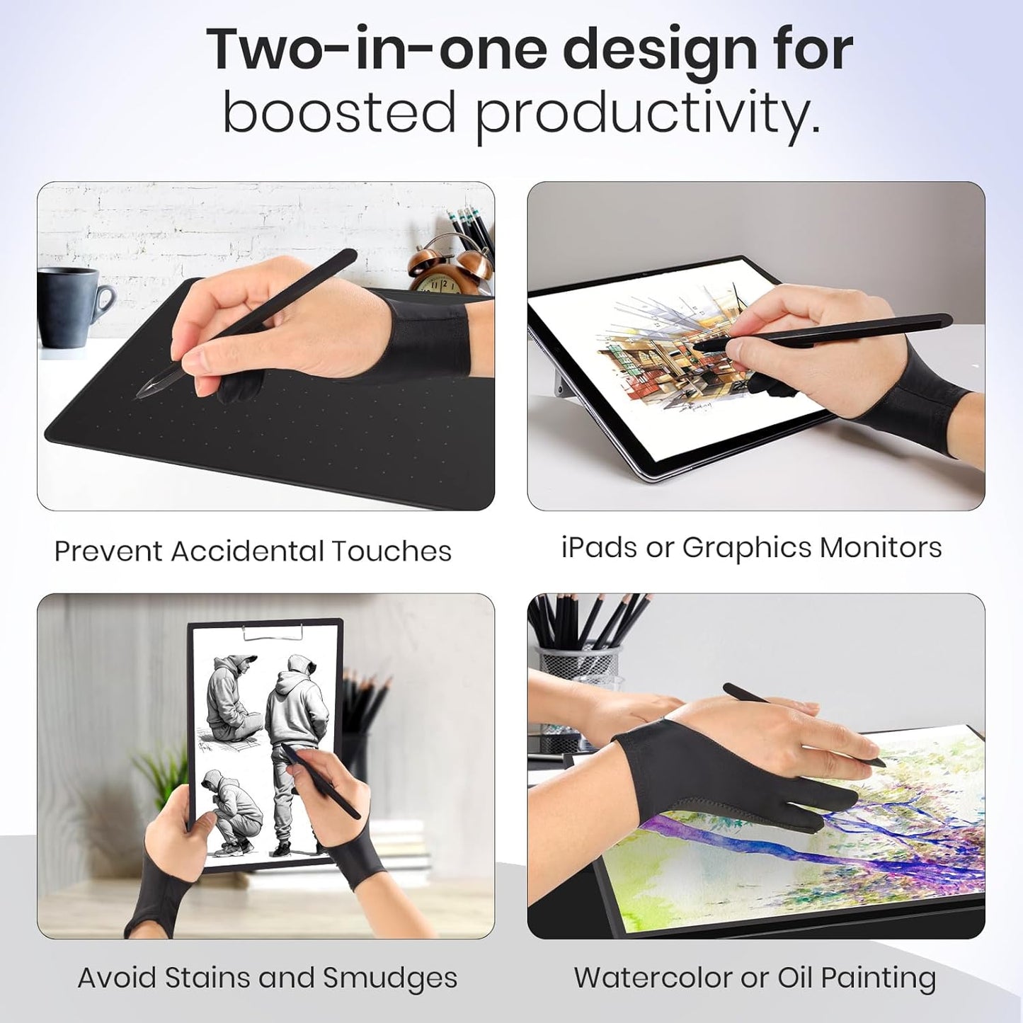 Digital Drawing Glove: 3-Layer Palm Rejection, Two-Finger Artist Glove for Drawing Tablet, iPad, Paper Sketching, Fits Left and Right Hand, Includes Cleaning Cloth(2 Pack,Black,Small)