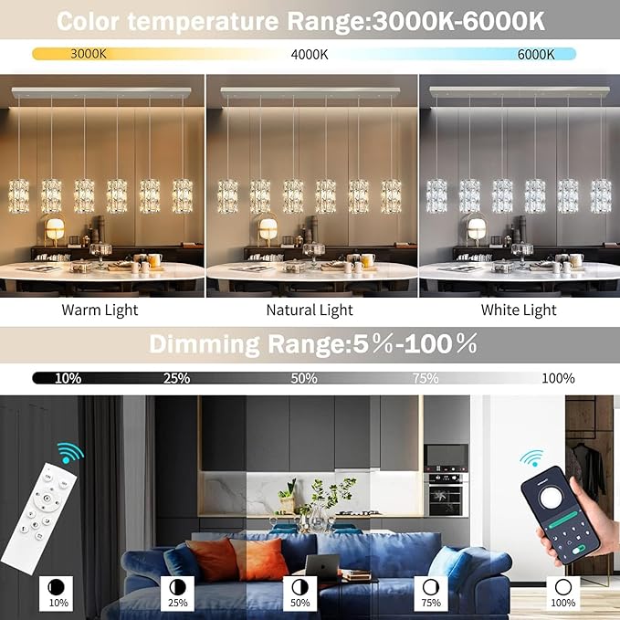 6-Lights Rectangle Modern Crystal Pendant Lights for Kitchen Island LED Dimmable Glam Pendant Lighting Chandelier for Dining Room Hallway Corner Lamp Nickel
