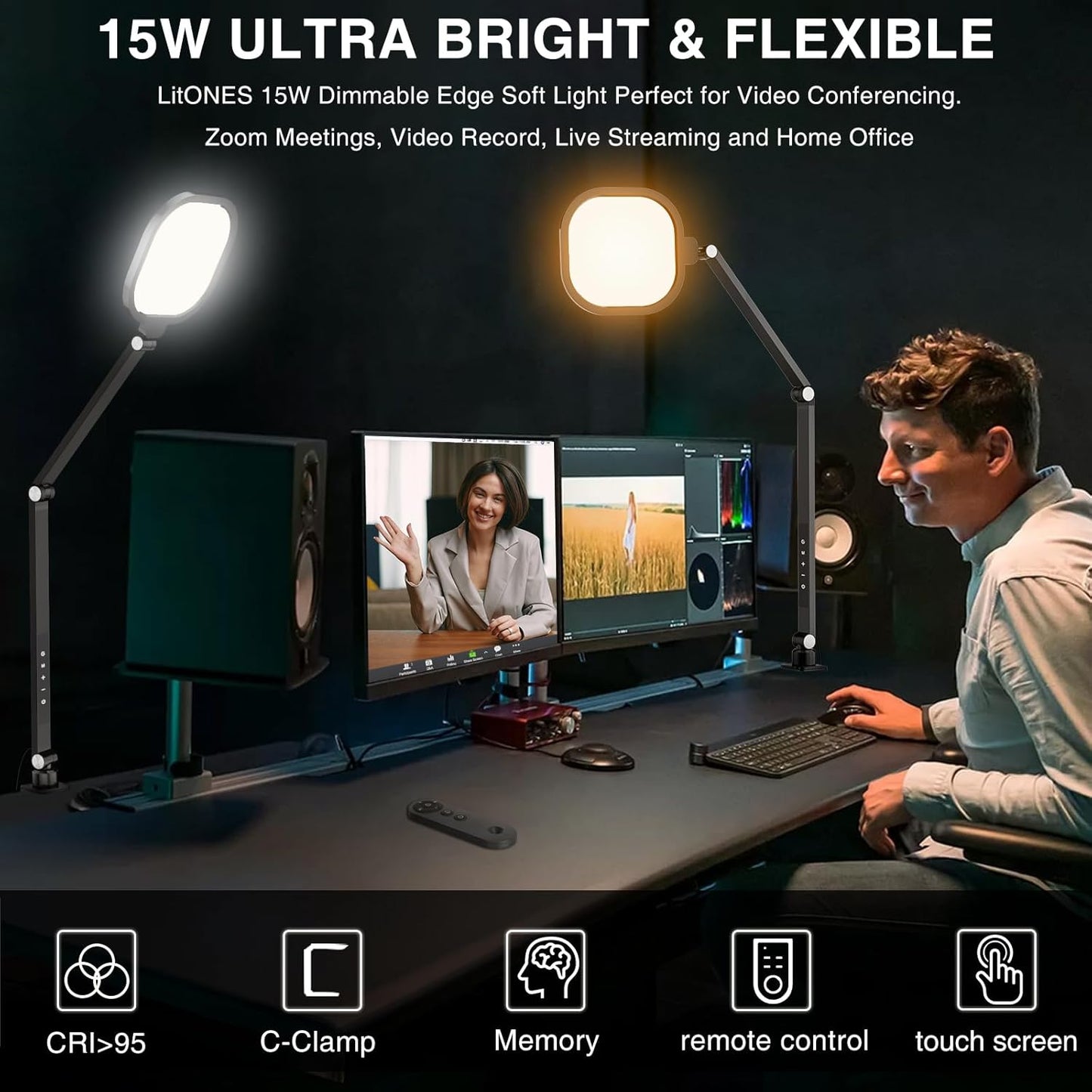 Video Conference Light for Computer, Dimmable Camera Lighting for Video Recording, Meeting, Laptop & Webcam, 15W Ring Light with C- Clamp,Swing Arm, Remote, Memory & Timer CRI >95