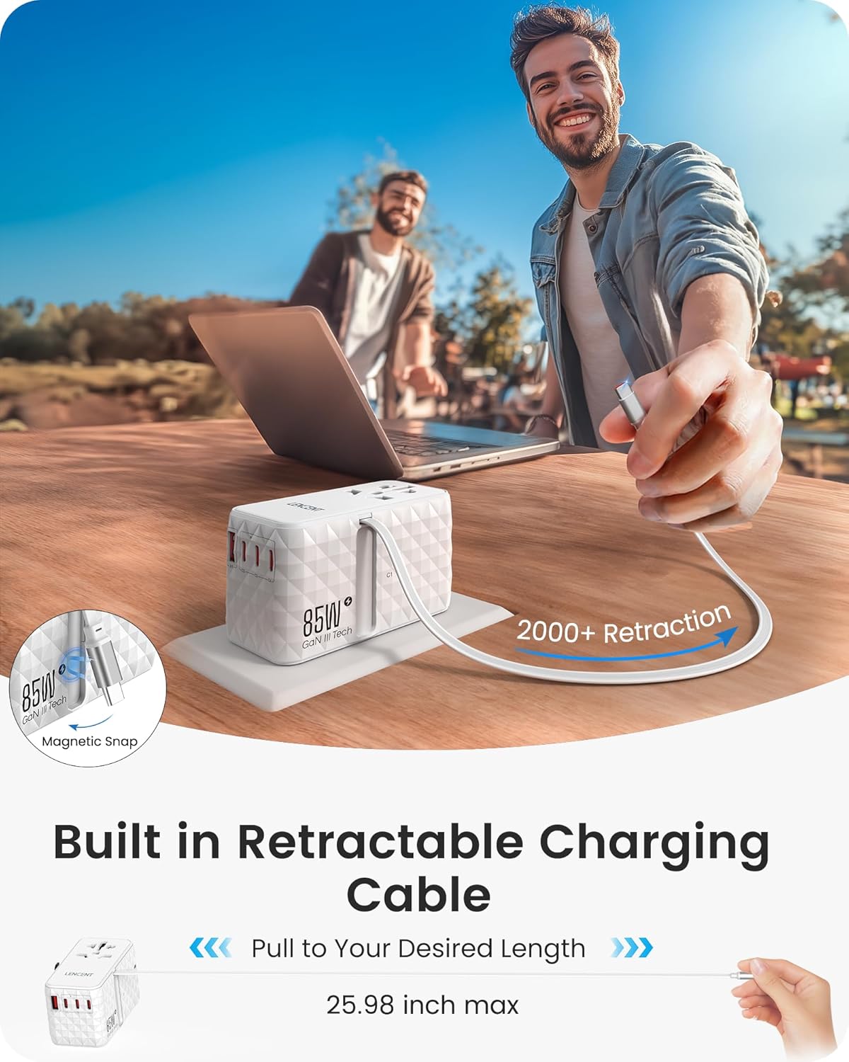 LENCENT 85W Universal Travel Power Adapter with Retractable USB C Cable, GaN International Travel Adapter with 1 USB-A & 3 Type C Fast Charging, Worldwide Plug Adaptor for US to EU UK Type C/G/A/I