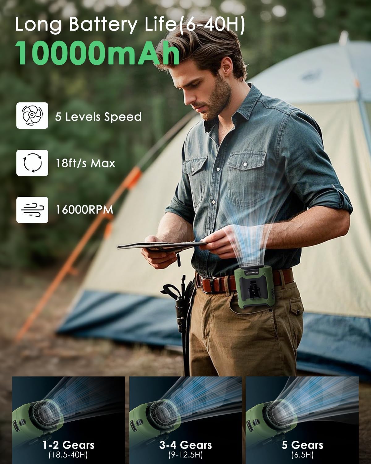 Portable Waist Fan Clip on, Personal Wearable Belt Fan 10000mAh Rechargeable Battery Under Shirt,5 Speeds with light, Neck Fan Hands-Free Cooling For Outdoor Camping Travel (Green)