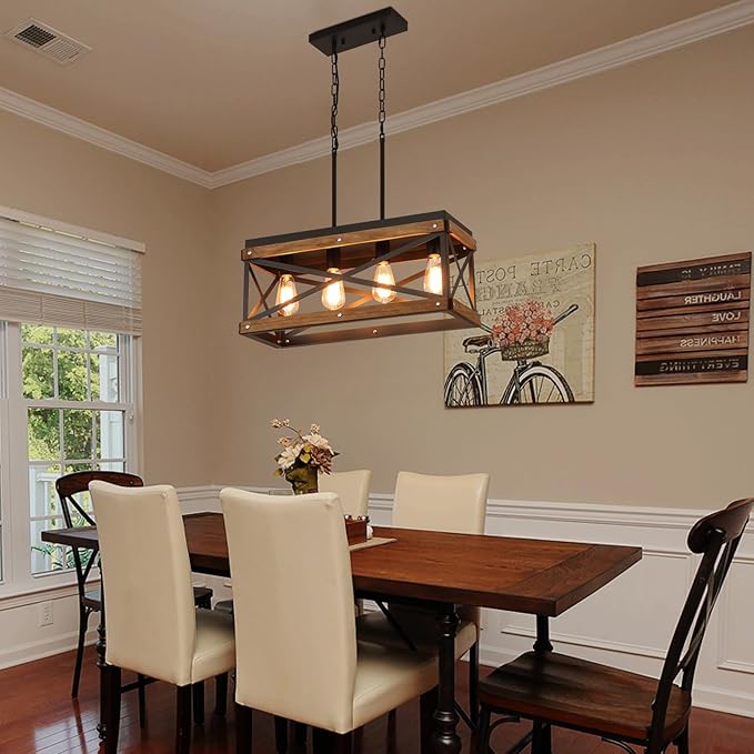 Rustic Farmhouse Wood Kitchen Island Lighting, 4 Lights Rectangular Pendant Light Fixture, Adjustable Chain Oak Wood and Metal Linear Chandelier for Dining Room Kitchen Island Farmhouse, Black