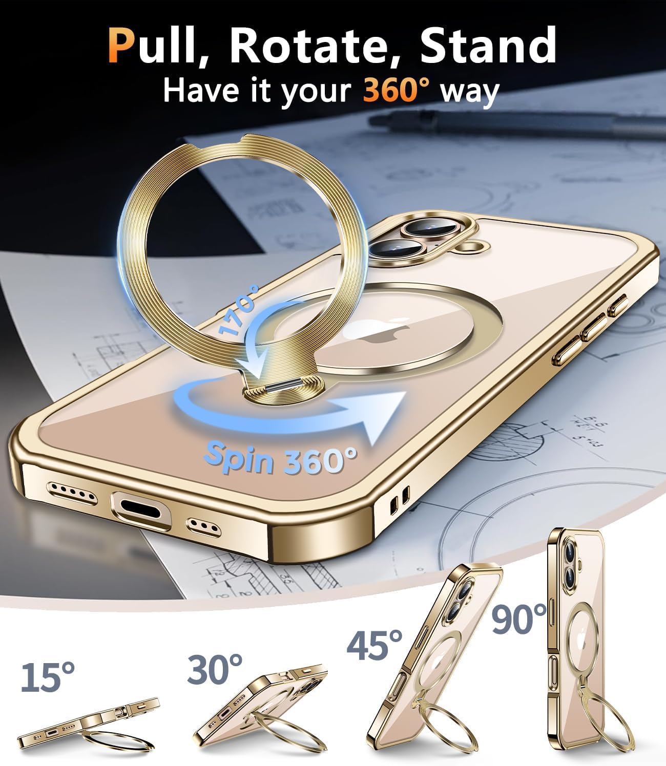 [360° Rotatable CD Stand & Built-in Privacy Screen Magnetic Case for iPhone 16 [Compatible with MagSafe & Full Signal] Mil-Grade Shockproof Full Body Anti-Spy Cover for 16-Gold