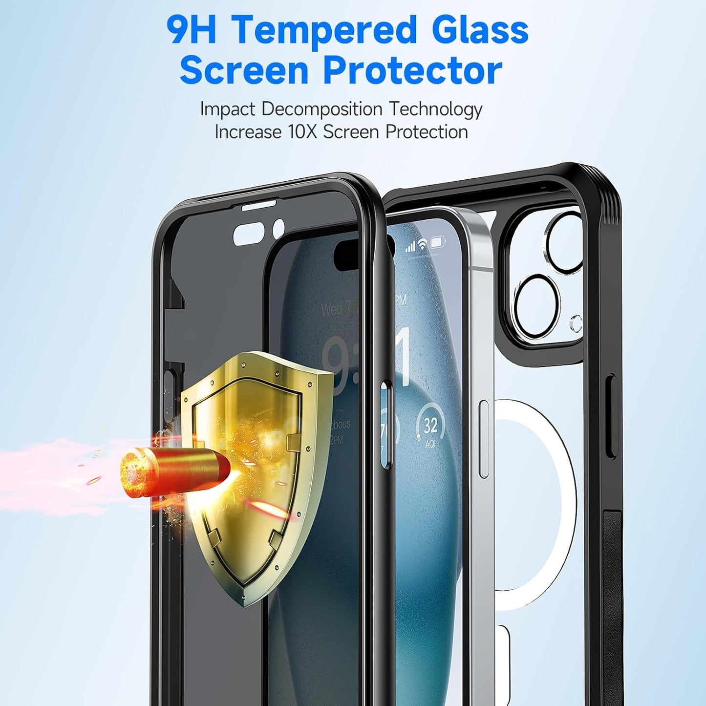 seacosmo for iPhone 15 Case, Full Body Bumper with Built-in 9H Tempered Glass Privacy Screen Protector and Camera Lens Protector, Compatible with MagSafe, Shockproof Phone Cover, 6.1", Black