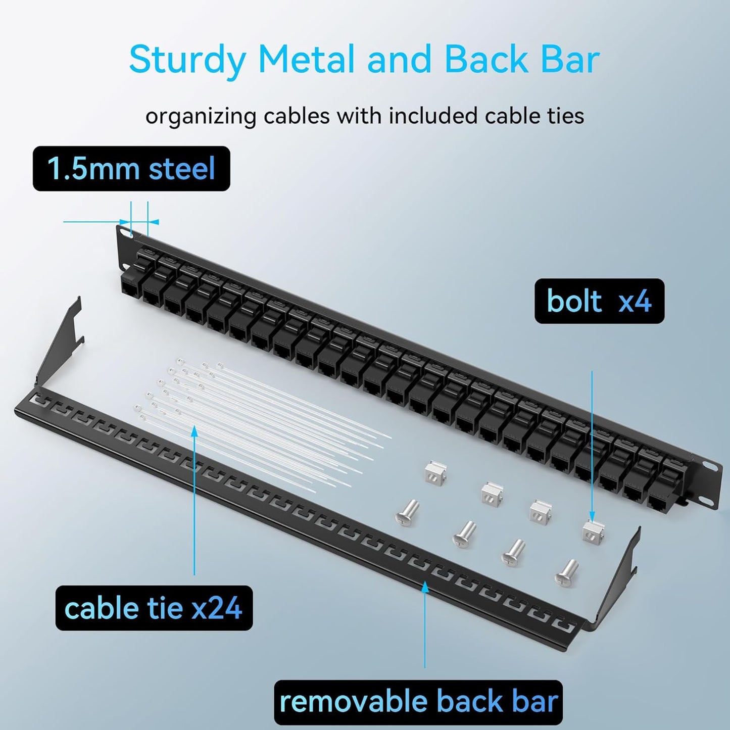 Patch Panel 24 Port Cat6 with Coupler Keystone, Cat6a Network Patch Panel 10G No Punch Down, Time-Saver Ethernet 1U Rj45 Panel with Sturdy Back Bar, 19 Inch Coupler Network Panel