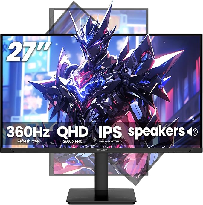 CRUA 27'' Gaming Monitor 360HZ 2k 1440P 120%sRGB IPS Computer Display Screen, Height/Pivot/Swivel/Tilt Adjustable Vertical Monitor Support FreeSync,Built in Speaker, DP1.4 & HDMI2.1, Wall Mount-Black