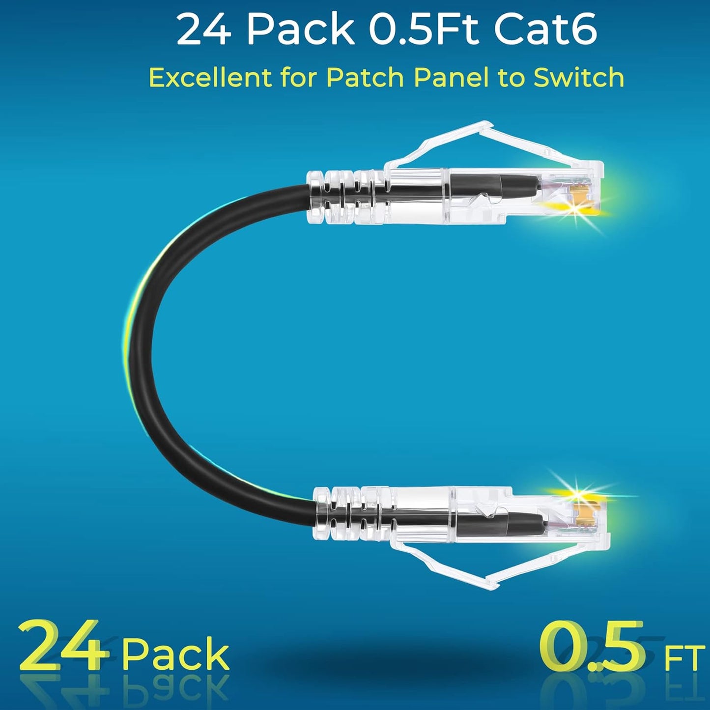 Rapink Patch Cables Cat6/ Cat6a 0.5ft (24 Pack) Slim, Cat6a Ethernet Patch Cable 10G Support, Snagless Cat 6 Patch Cable for Patch Panel to Switch, Flexiable Cat6 Ethernet Cable Black
