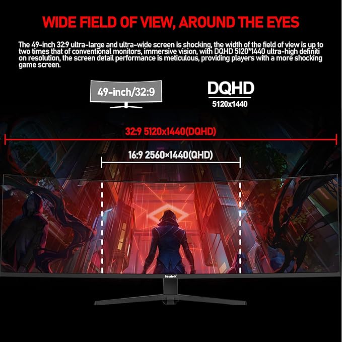 Gawfolk 49 inch Ultra-Wide Curved 1500R Gaming Computer Monitor, DQHD(5120×1440), 165Hz, 1MS, FreeSync, 120% sRGB, Height Adjustable PC Screen, HDMI2.1 & DP1.4, Compatible Wall Mount 100*100mm- Black