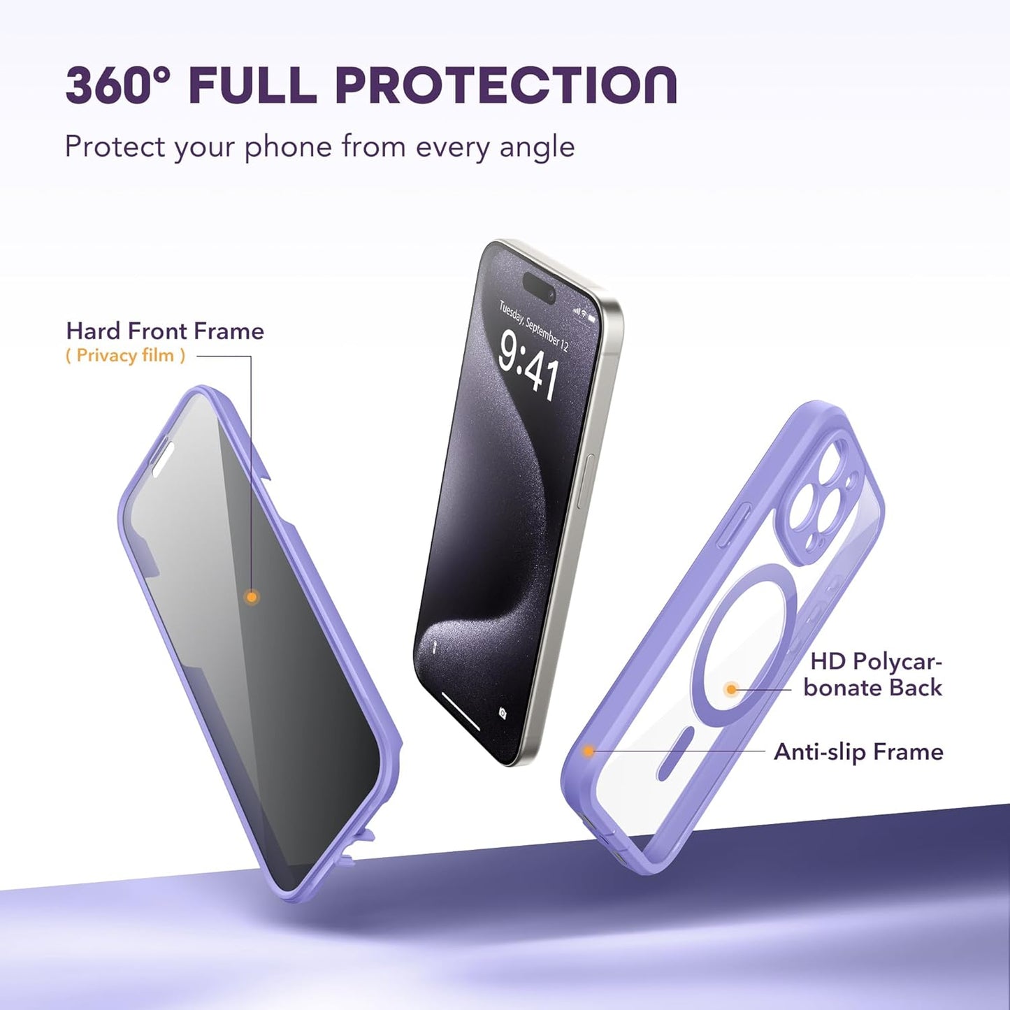 Magnetic for iPhone 15 Pro Max Case, Compatible with MagSafe, Built-in Privacy Screen Protector and Camera Protection, Anti Spy Full Body Dustproof Shockproof Hard Phone Case 6.7",Light Purple