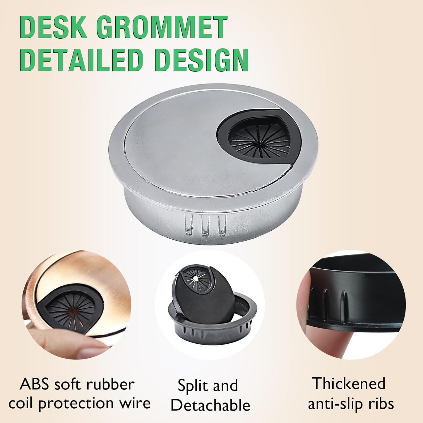 2 Pcs Desk Grommet 2-3/8" / 60 mm, Desk Cord Hole Cover, Cable Grommet Metal Zinc Alloy Materilal, Desk Hole Grommet for Home & Office Pc, Detachable Cable Cord Organizer-Brushed Silver