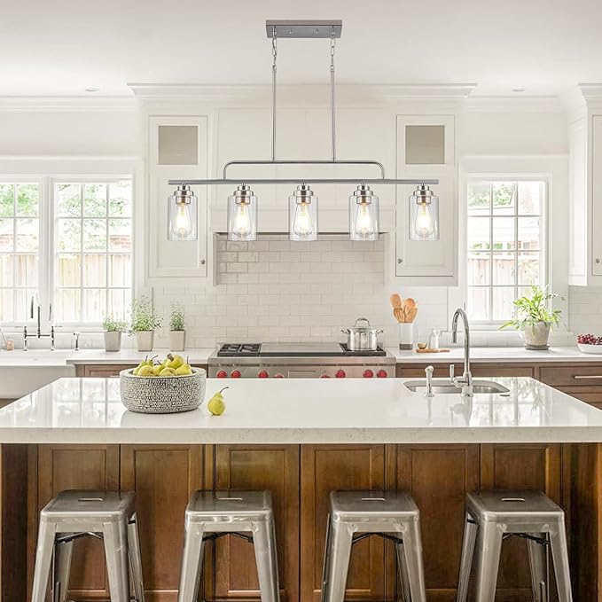 Dining Room Light Fixture - Brushed Nickel 5-Light Farmhouse Chandelier Kitchen Island Lights Fixtures Modern Linear Silvery Chandeliers Hanging Pendant Lighting Over Table