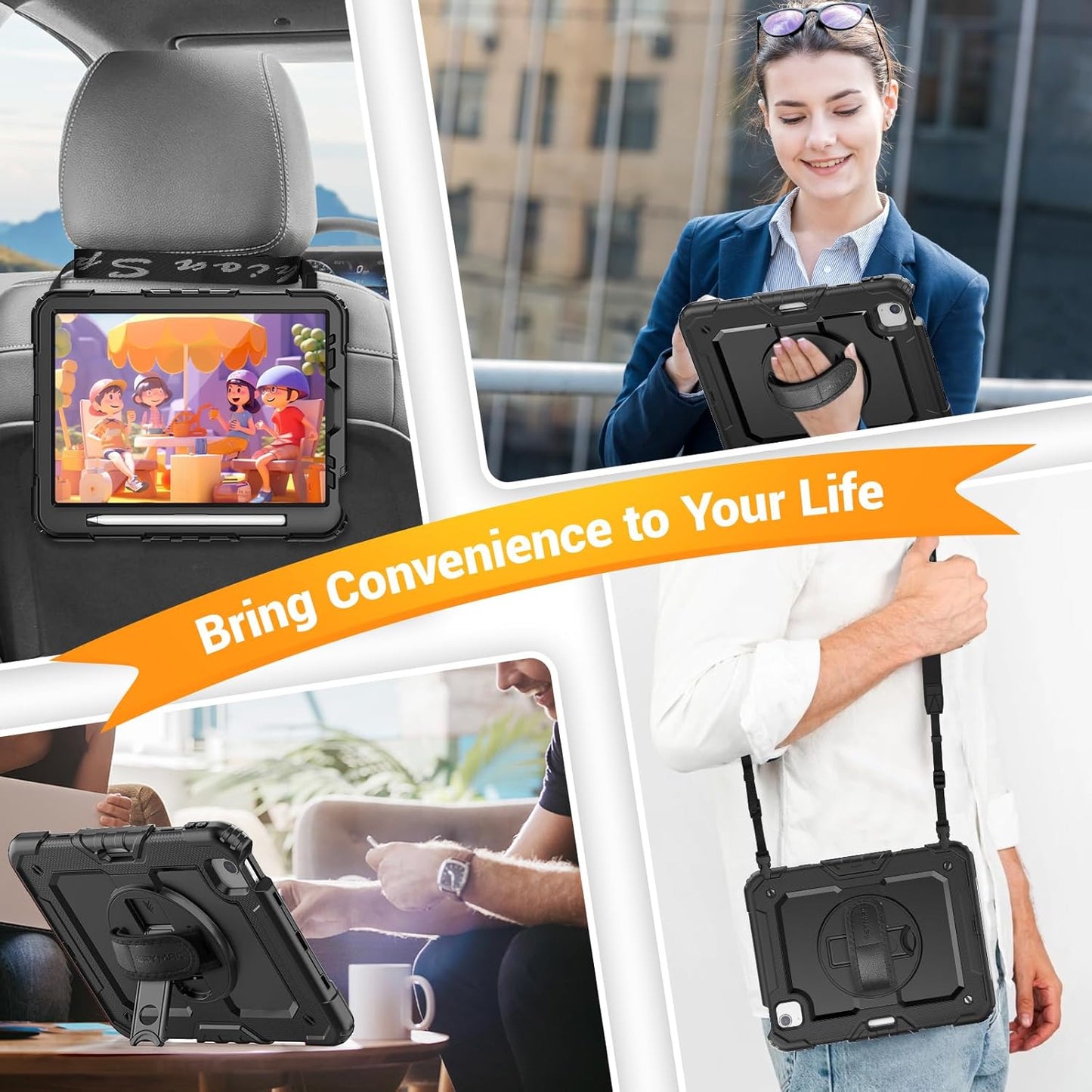 SEYMAC for iPad Air 5th/ 4th Generation Case 10.9 Inch, Full-Body Shockproof Protective Case with Screen Protector, Rotating Stand/Handle/Shoulder Strap/Pencil Holder for iPad Air 5/ Air 4, Black
