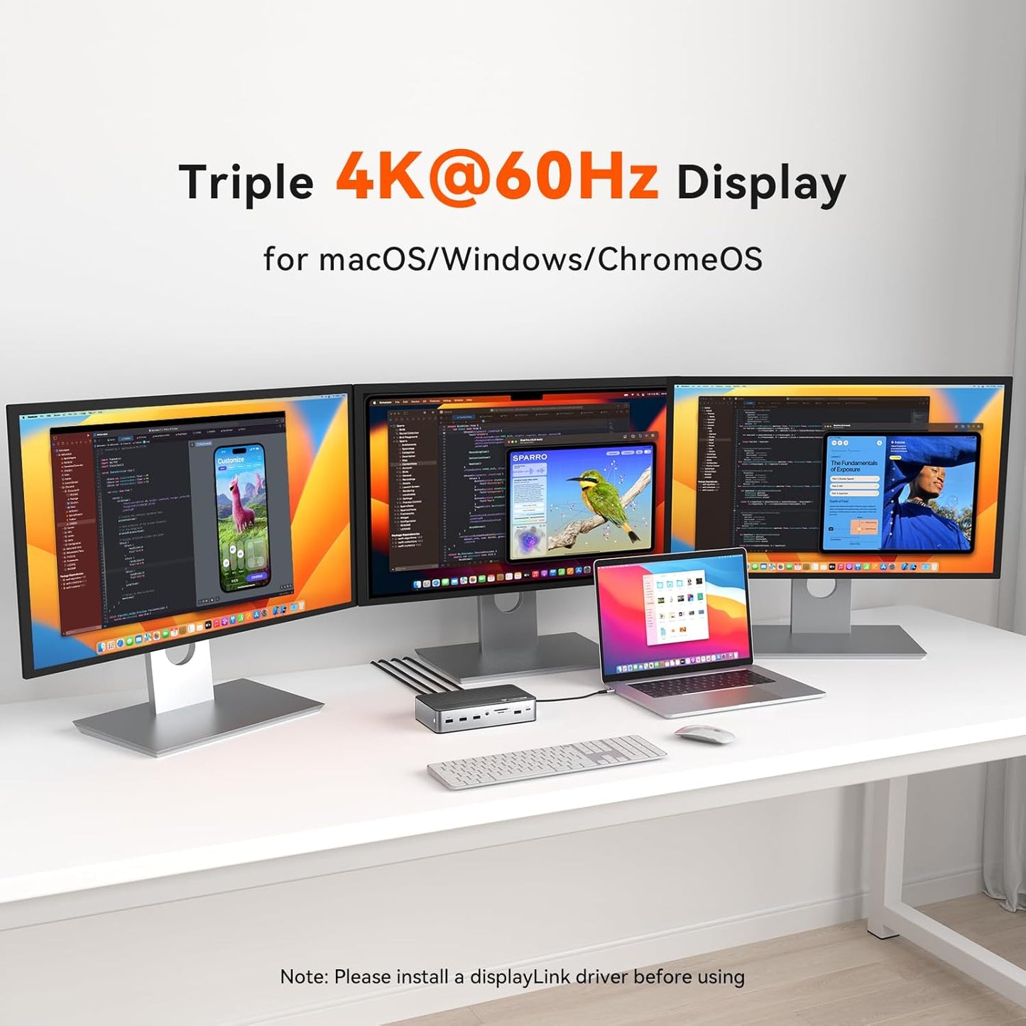 TobenONE DisplayLink Docking Station 3 Monitors with 3 HDMI(4K@60Hz), USB C Docking Station with 120W Charger, for MacBook Pro/Air, Thunderbolt 4/3, USB-C Windows(2 DP, 6 USB, Ethernet, SD/Micro SD)