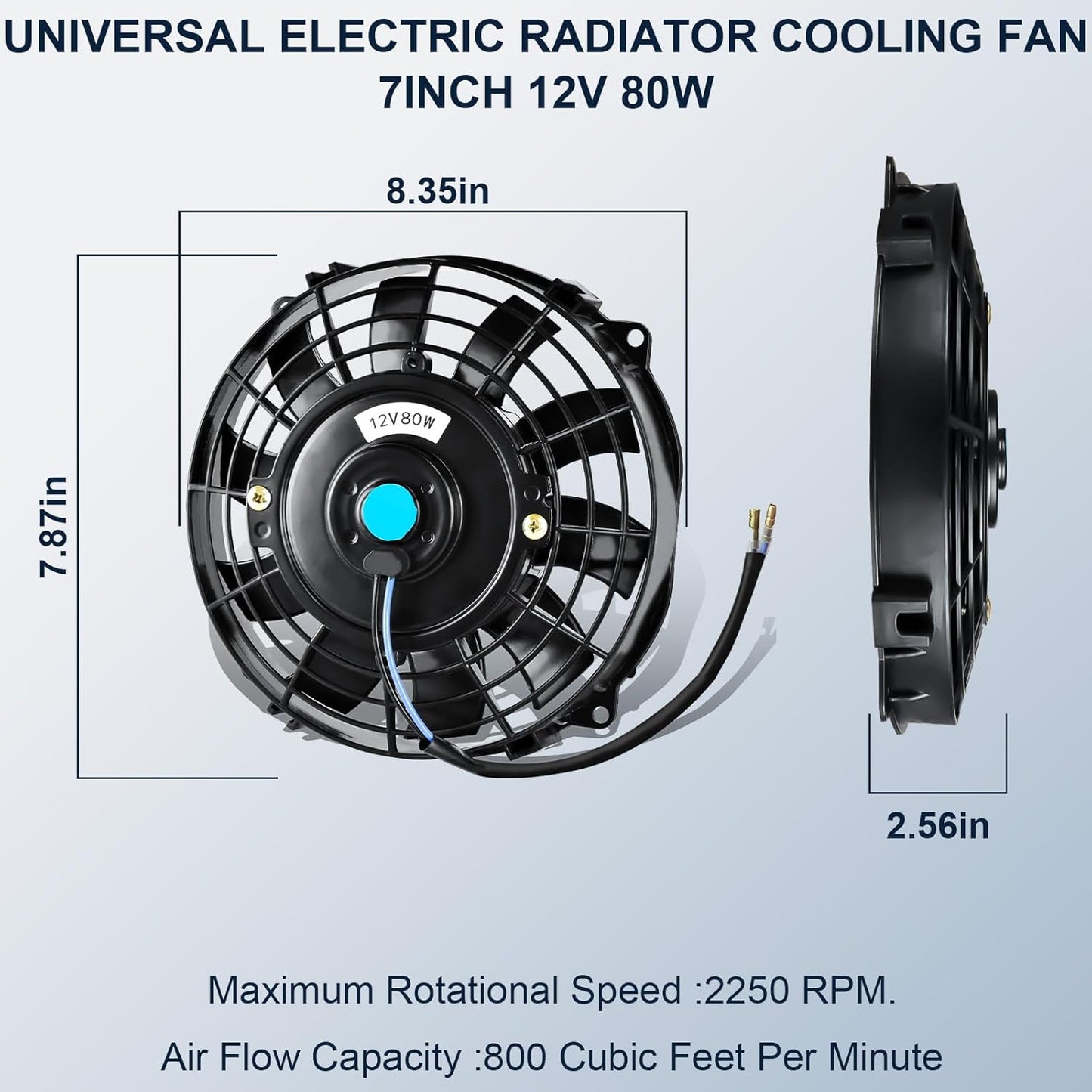 MuHize 7 Inch Slim Radiator Fan - 12V 80W 800 CFM High Performance Cooling Fan Kit with Mount for Universal Vehicles(Black, Pack of 2)