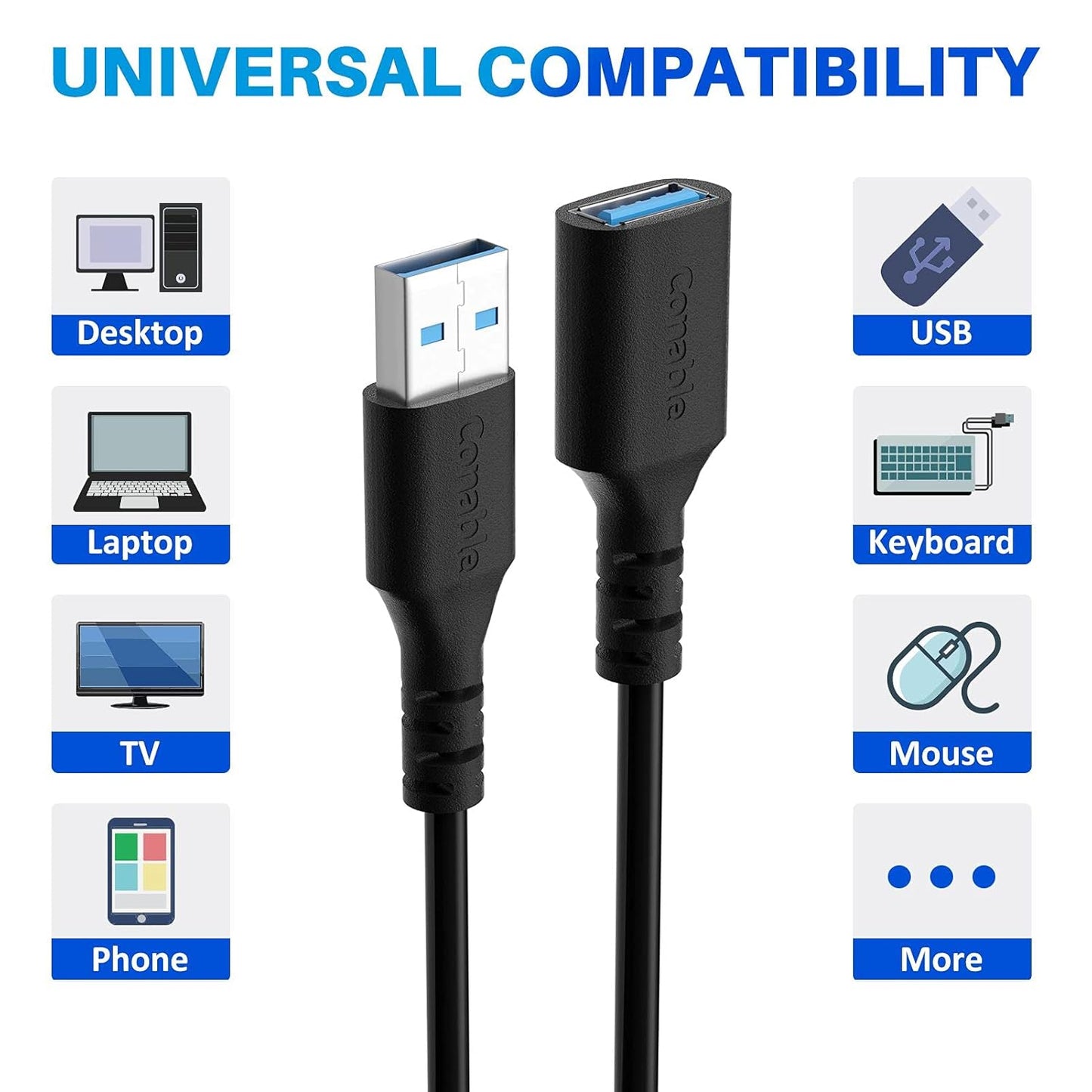 3 Pack USB 3.0 Extension Cable 10 Feet, USB A Male to Female Extender Cord, 5Gbps Data Transfer for Webcam, Printer, Keyboard, Mouse, Flash Drive, Hard Drive, Controller, Black Cable with 5 Cable Ties