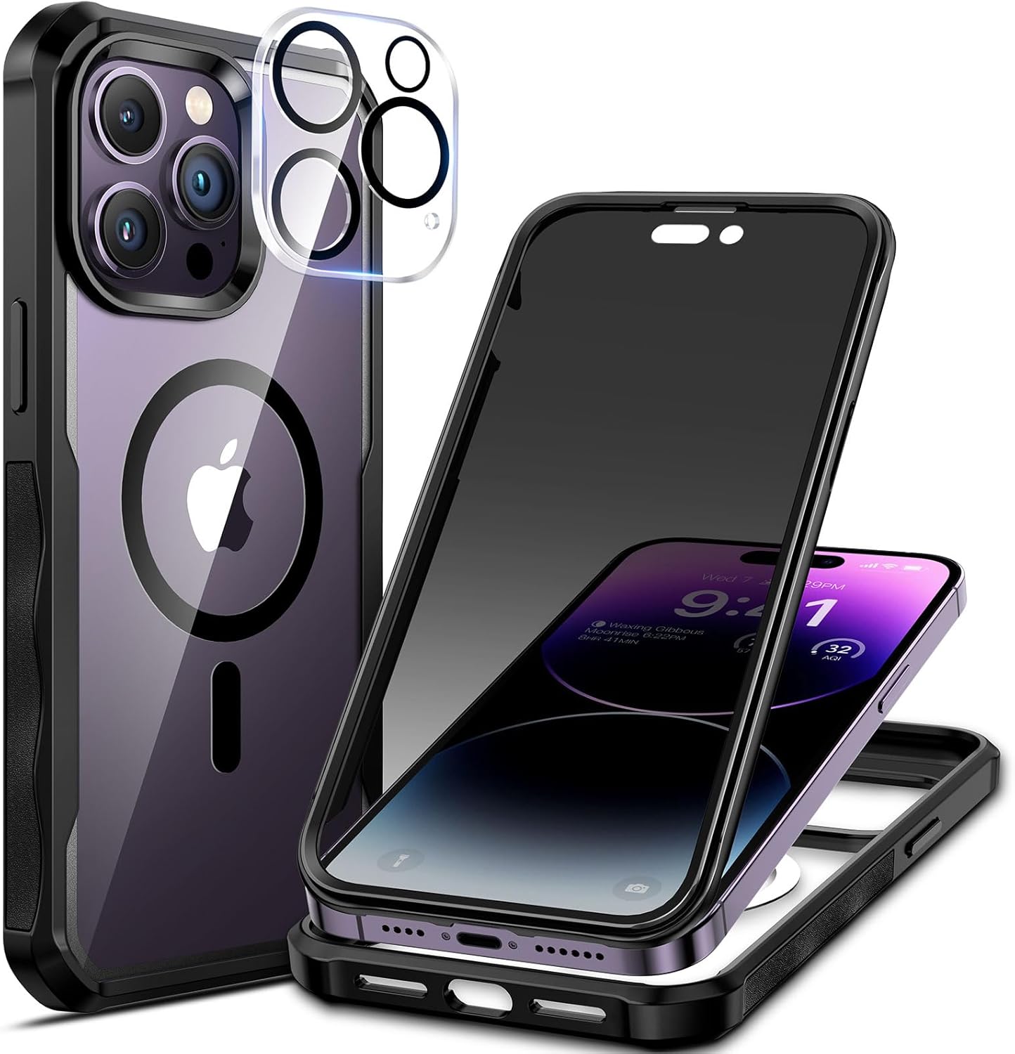 seacosmo for iPhone 14 Pro Max Case, Full Body Bumper with Built-in 9H Tempered Glass Privacy Screen Protector and Camera Lens Protector, Compatible with MagSafe, Shockproof Phone Cover, 6.7", Black
