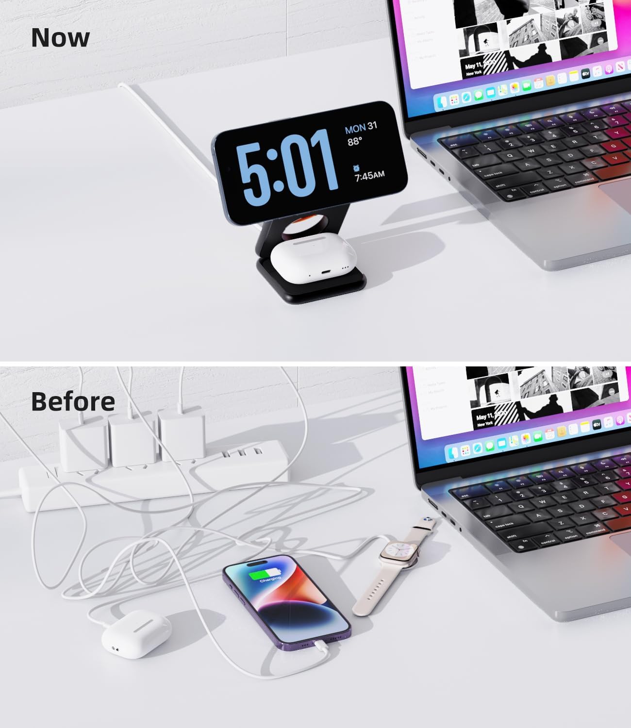 Foldable Magnetic Wireless Charger, KU XIU X40 Aluminum Alloy 3 in 1 Charging Station for Apple, Fast Charging Travel Charger for iPhone 16 15 14 13 12 Series, 5W for Apple Watch Ultra, AirPods, Black