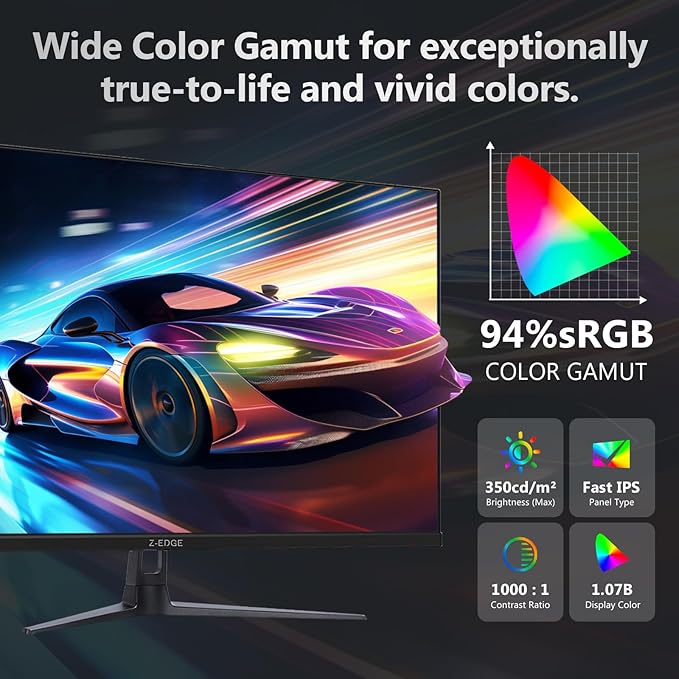 Z-Edge 27-inch Gaming Monitor QHD 2560 x 1440 2K, 180Hz Refresh Rate, 1ms MPRT, UG27QF Fast IPS Computer Monitor with Crosshair, HDMI 2.0x2, DP 1.4x2