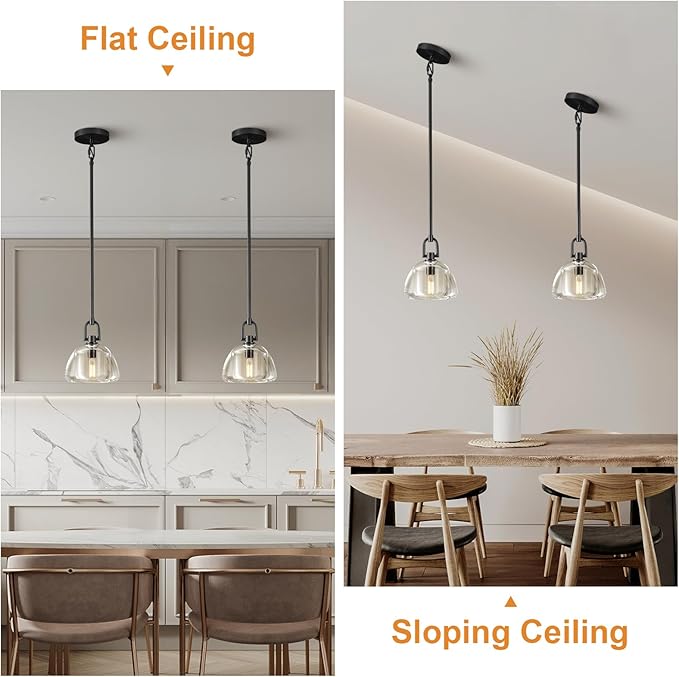 Pendant Light Fixture, 7" Glass Modern Black Pendant Lights Kitchen Island, Hanging Glass Dome Pendant, Black Kitchen Pendant Lighting Over Island, E12 Bulb Included, 2PCS