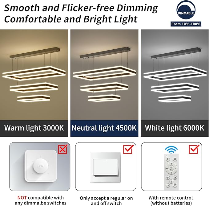 Modern Chandelier, 3 Layer Rectangle Pendant Light Fixtures, 3000K-6500K Dimmable Kitchen Island Chandelier, Adjustable Height Ceiling Hanging Led Light for Dining Room, Living Room, Foyer