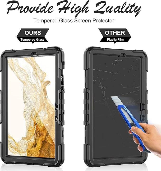 Case for Samsung Galaxy Tab S8/S7 11-inch 5G Tablet Case 2022/2020, [with Tempered Glass Screen Protector],360° Rotating Kickstand/Hand & Shoulder Strap/S Pen Holder (Black)