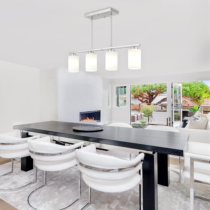 4-Light Kitchen Island Lighting, Brushed Nickel Dining Room Light Fixtures Over Table, Modern Farmhouse Chandeliers with Milky Glass Shade Pendant Light for Dining Room Kitchen Island