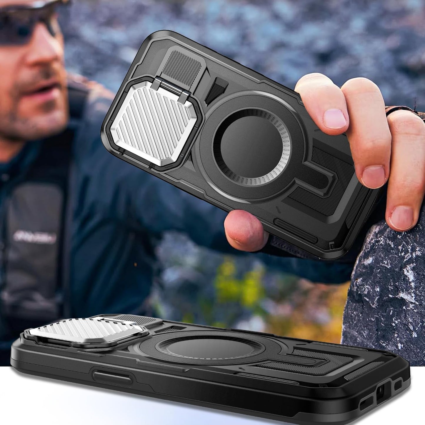 Camera Stand Case for iPhone 13/14, [Compatible with MagSafe] [Lens Cover] 2024 Version Military Grade Protective Soft Case for iPhone 13/14 6.1 inch Men Women, Black