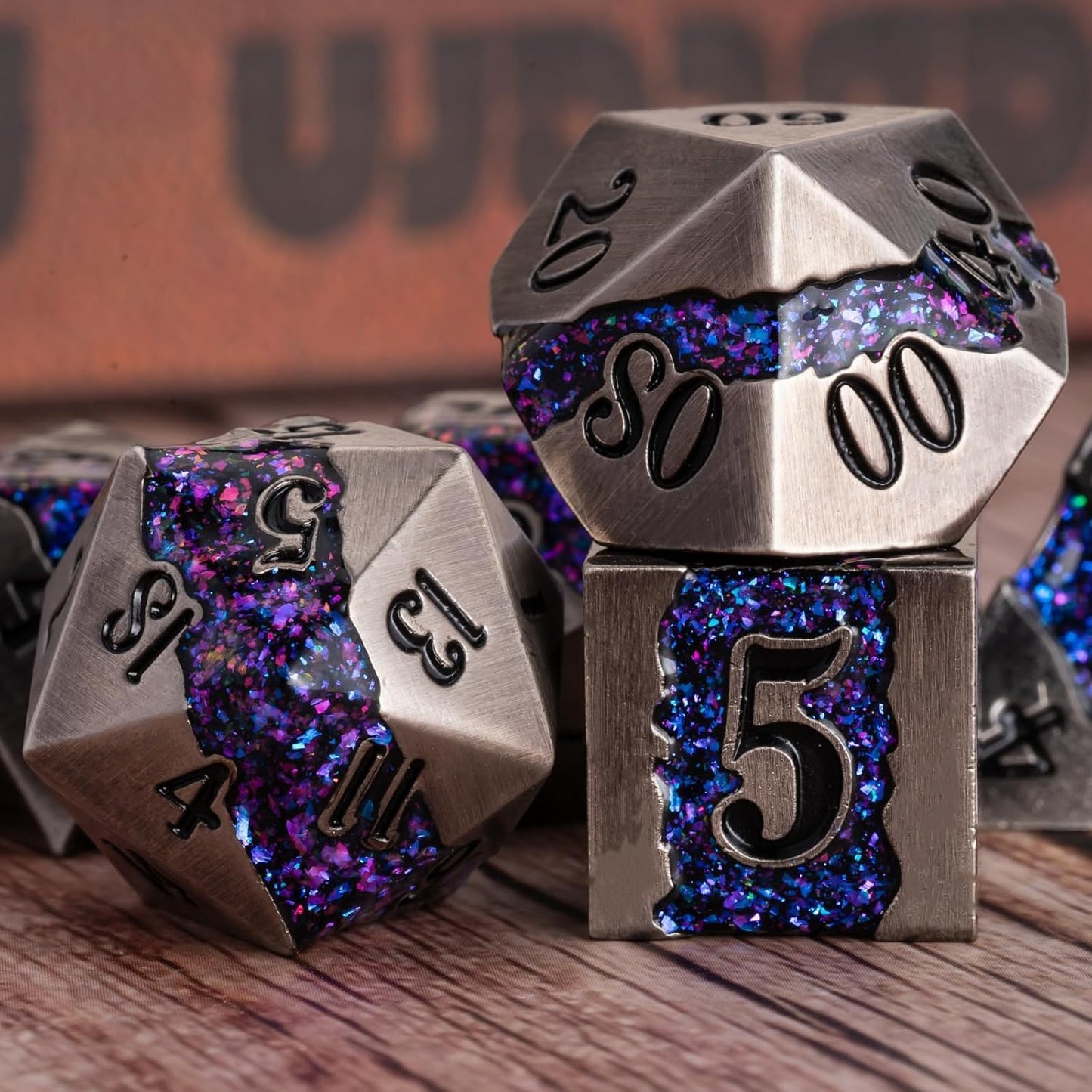 Metal Dice Set D&D, 7 PCS RPG Metallic Glitter Stripe Dice Set with Gift Box for Dungeons and Dragons Role Playing Games