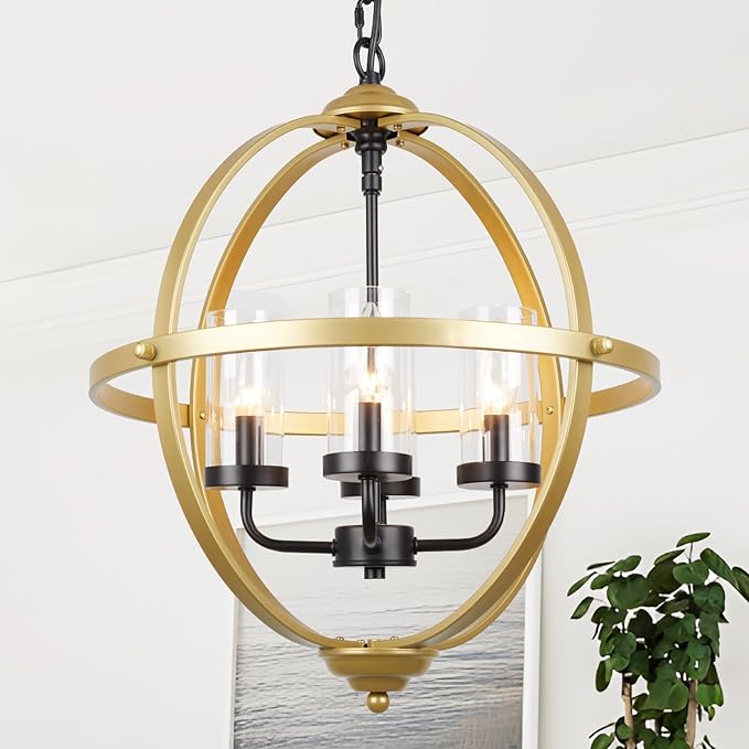 Treekee Chandelier Farmhouse Hanging Lighting, 4-Light Globe Orb Chandelier, Adjustable Modern Farmhouse Pendant Light Fixture for Dining Entryway Foyer, Gold