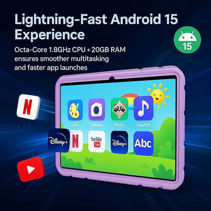 10.1 inch Kids Tablet, Android 15, 20GB RAM 128GB Storage, WiFi 6, HD Display, Parental Control, GPS, 12-Hour Battery, Tablet with EVA Protective Case-Purple