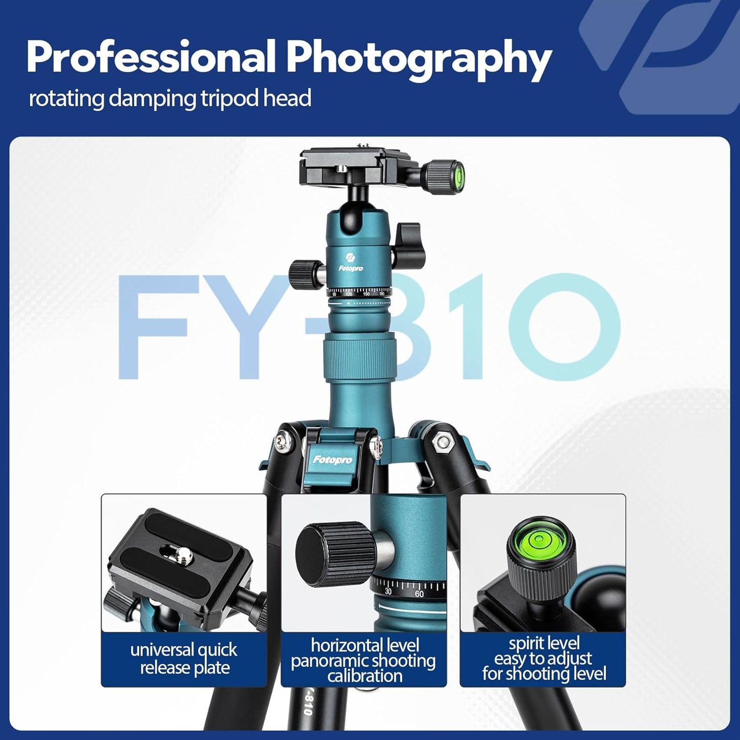 Fotopro Mini Tripod with Ball Head Phone Mount Detachable Selfie Stick Folded only 8.6" Max Load up to 6.6 lbs FY-810 Blue