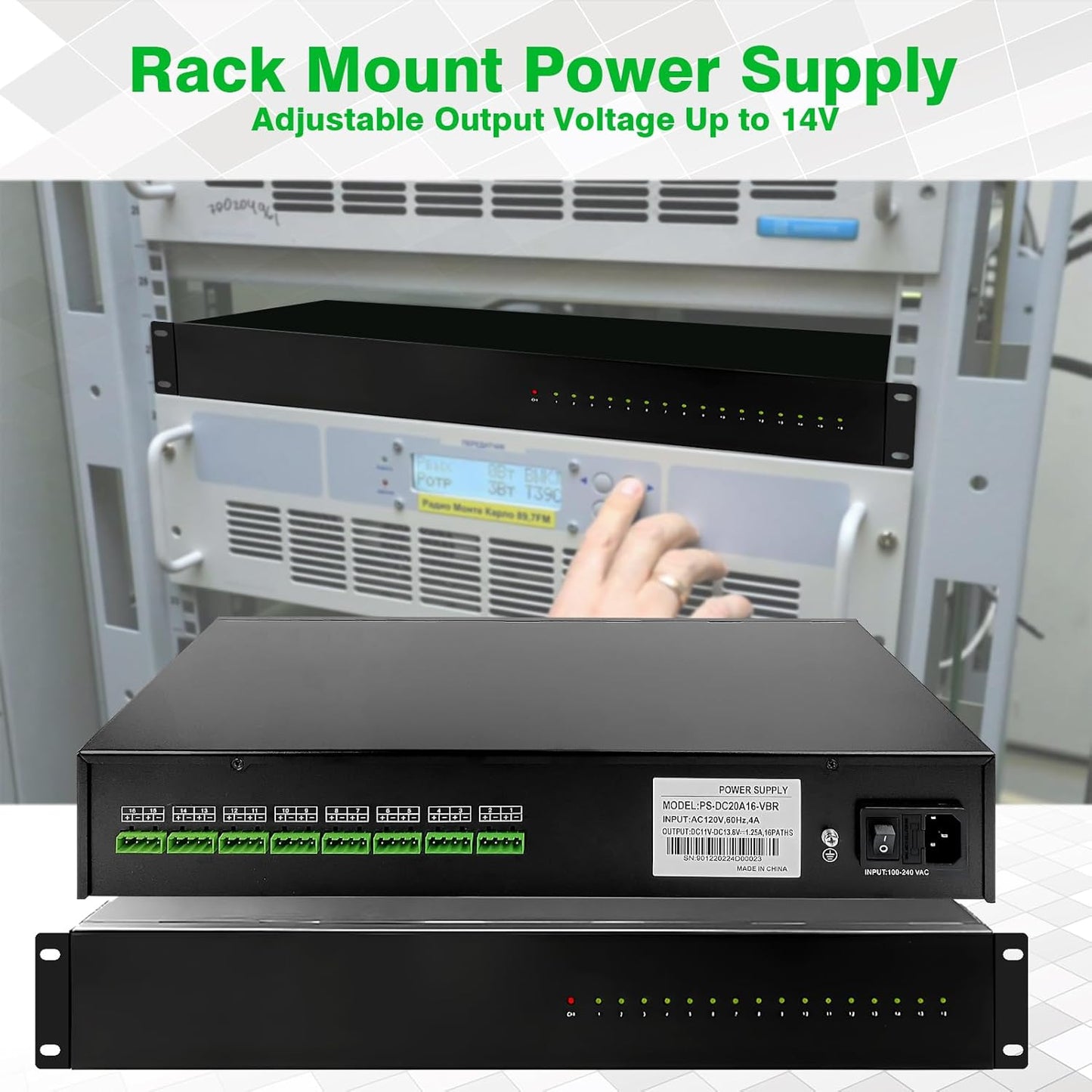 DC 16 Channel VBR CCTV 12V 20A Distributed Power Supply Rack Mount, PTC Reset Fuse,（UPS） Uninterruptible Power Supply System Function，Adjustable Output Voltage，for Security Cameras, DVR，NVR