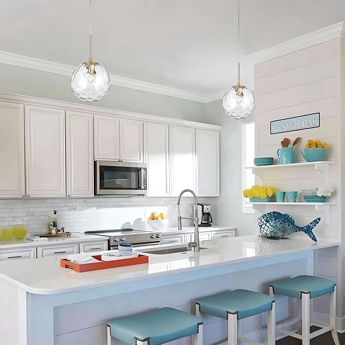 ALICE HOUSE 8-inch Modern Kitchen Island Pendant Light, Hammered Glass, Gold Farmhouse Pendant Lighting, Brushed Brass Hanging Light Fixture for Bathoom, Entryway and Hallway AL4201-P1