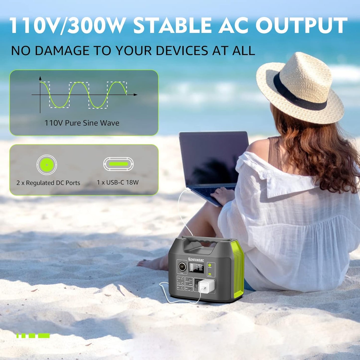 EnginStar Solar Generator, 300W Portable Power Station, 296Wh Lithium Battery Backup w/Two 110V Pure Sine Wave AC Outlet for Camping Road Trip RV, 80000mAh Sufficient Power Supply for Blackout