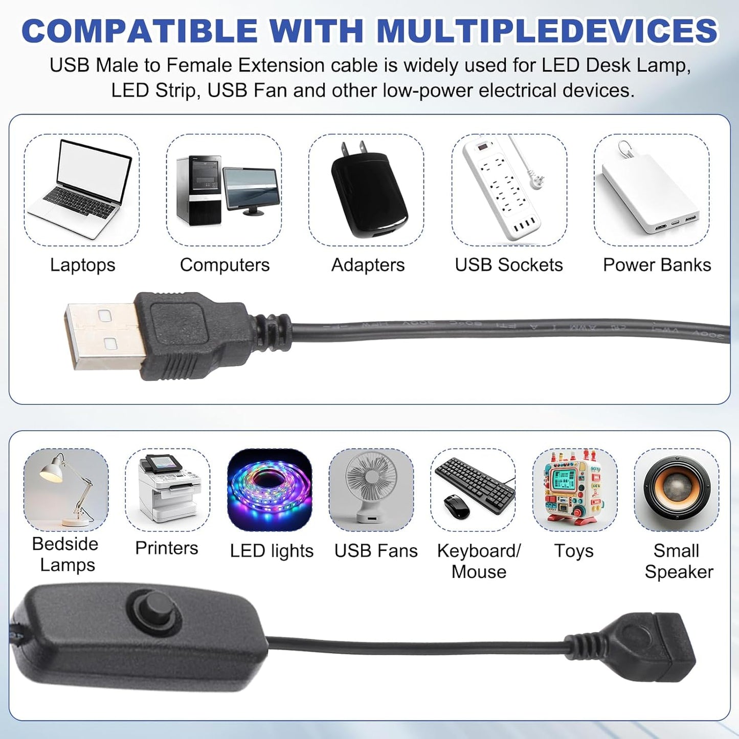 MECCANIXITY USB Extension Cable with ON/Off Button Switch 2m USB Male to Female Extension Cord for Desk Lamp Fan LED Light Strip Black Pack of 2